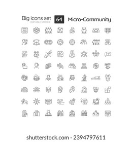 Micro community linear icons set. Connecting people. Community spirit. Goal achievement. Social engagement. Customizable thin line symbols. Isolated vector outline illustrations. Editable stroke