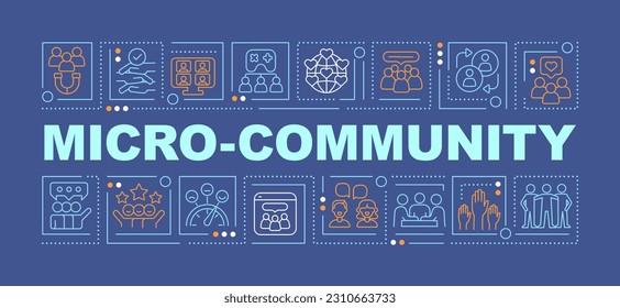 Micro community word concepts dark blue banner. Support network. Infographics with editable icons on color background. Isolated typography. Vector illustration with text. Arial-Black font used