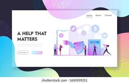 Micro Credit Finance Organization Service Website Landing Page. People Using Mobile Technologies for Taking Cash Money Loan in Bank with Huge Percent Web Page Banner. Cartoon Flat Vector Illustration