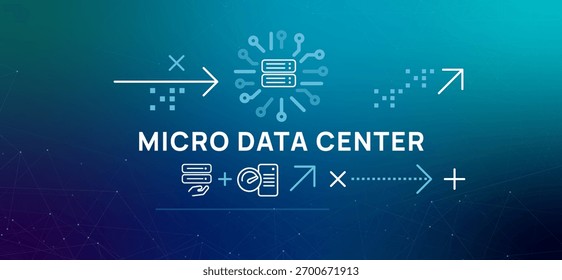 Ícones de microdata center mostram o armazenamento de racks de servidor e o fluxo de dados representando a infraestrutura modular da computação de borda e o gerenciamento de dados descentralizado