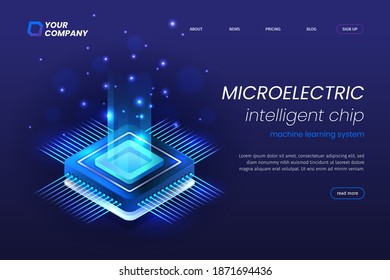 Micro electronics Circuits landing page with a bright blue light. Artificial intelligence chip landing page.