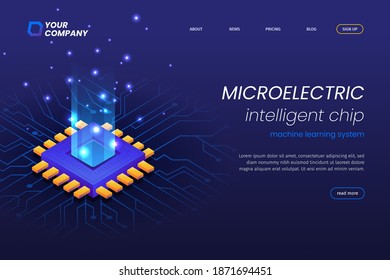 Micro electronics Circuits landing page with glowing blue light beads. Artificial intelligence chip landing page.