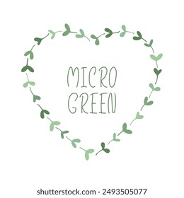 Micro green growing Heart frame. Hand drawn doodle sprouts silhouette. Healthy vegan organic food concept. Template for label, logo, print, package, menu