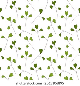 Micro green sprouts seamless pattern. Hand drawn radish leaves in doodle style, vector illustration on white background. Decorative for wrapping and packaging, organic plants