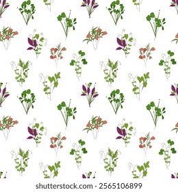 Micro green sprouts seamless pattern. Hand drawn different greens in doodle style, vector illustration on white background. Decorative for wrapping and packaging, organic plants