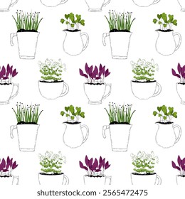 Micro green sprouts seamless pattern. Hand drawn home growing greens in sketch style cups, doodle vector illustration on white background. Decorative for wrapping and packaging, organic plants