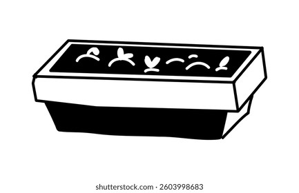 Micro greenery sprouts in flower pot. Illustration of flat doodle monochrome drawing. An elongated flowerpot. separate subject of botany at home. Ideal for use in projects related ecology, gardening