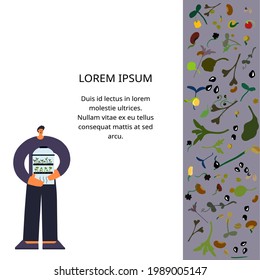 Micro greens. Flyer. Vector illustration of the hand-drawn style. Template for your text. Salad, radish, beet, carrot, peas, sunflowers, onions, basil, wheat. Vitamin supplement, vegan food.