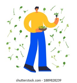 Micro greens.
Man eating microgreens with pleasure. 
Vector illustration in flat style.