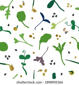 Micro greens. Vector seamless pattern on a white background. Chard, radish, beet, carrot, cabbage, basil, peas, sunflower, onion. Vitamin supplement, vegan food.