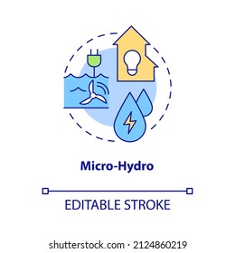 Micro hydro concept icon. Rural electrification technology abstract idea thin line illustration. Isolated outline drawing. Editable stroke. Roboto-Medium, Myriad Pro-Bold fonts used