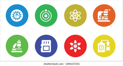 micro icon set. 8 filled micro icons.  Collection Of - Bacteria, Microscope, Atom, Memory card, Atomic, Virus