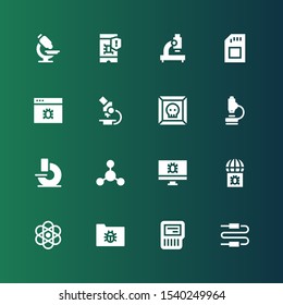 micro icon set. Collection of 16 filled micro icons included Connector, Sd card, Virus, Atomic, Bacterias, Microscope, Sd