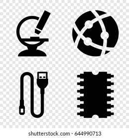 Micro icons set. set of 4 micro filled icons such as atom, microscope, wire