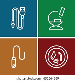 Micro icons set. set of 4 micro outline icons such as microscope, wire