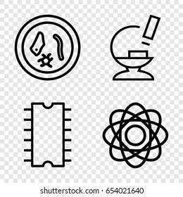 Micro icons set. set of 4 micro outline icons such as microscope, cpu, atom