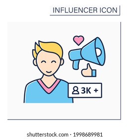 Micro influencer color icon. Blogger with three thousand plus subscribes. Low influence on people. Unpopular person. Blogging concept. Isolated vector illustration