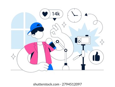 Micro Influencer Home Studio Illustration Featuring Content Creation Setup, Social Media Marketing, Live Streaming, and Digital Creator Workspace