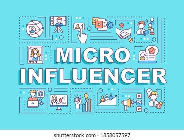 Micro Influencers word concepts banner. Blogging niche. Vloging audience. Infographics with linear icons on cyan background. Isolated typography. Vector outline RGB color illustration