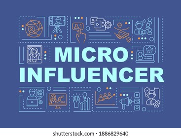 Micro Influencers word concepts banner. Bloggers payed promotions. Young audience. Infographics with linear icons on navy background. Isolated typography. Vector outline RGB color illustration