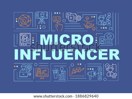 Micro Influencers word concepts banner. Bloggers payed promotions. Young audience. Infographics with linear icons on navy background. Isolated typography. Vector outline RGB color illustration
