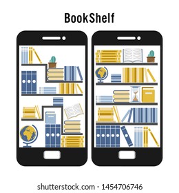 Micro learning concept. Set of book in online library on smart mobile phone and flat icon design vector illustration.