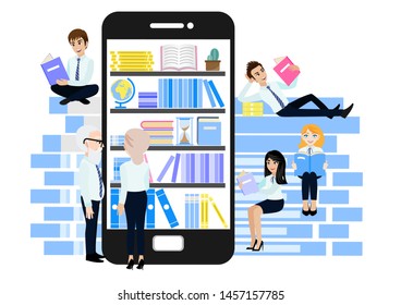 Micro learning concept. Set of book in online library on mobile phone and business people group flat icon design vector illustration.