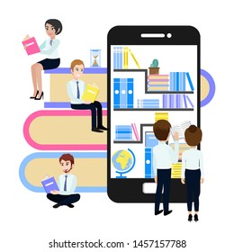 Micro Learning Concept. Set Of Book In Online Library On Mobile Phone And Business People Group Flat Icon Design Vector Illustration.