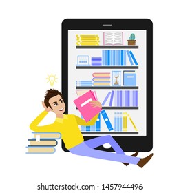 Micro learning concept. Set of book in online library on tablet and cartoon character design vector illustration.
