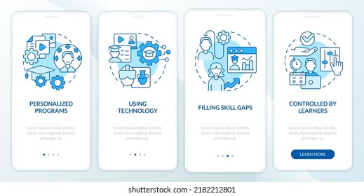 Micro learning strategies blue onboarding mobile app screen. Walkthrough 4 steps editable graphic instructions with linear concepts. UI, UX, GUI template. Myriad Pro-Bold, Regular fonts used