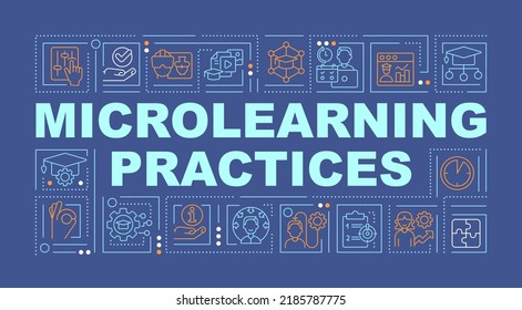 Micro learning strategies word concepts dark blue banner. Elearning. Infographics with editable icons on color background. Isolated typography. Vector illustration with text. Arial-Black font used