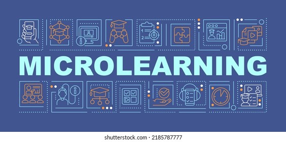 Micro learning word concepts dark blue banner. Bite-sized training. Infographics with editable icons on color background. Isolated typography. Vector illustration with text. Arial-Black font used