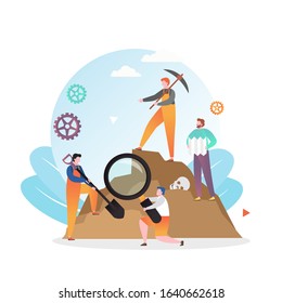 Micro male characters archaeologists working at archaeological site with big magnifying glass, shovel and pickaxe, human remains in sand, vector illustration. Archaeological excavations concept.