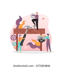 Micro male characters carpenters at work using big hammer, utility knife and miter saw, vector illustration. Carpentry services concept for web banner, website page etc.