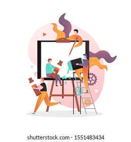 Micro male characters creative people artists painting on huge easel using pencil and paints, vector illustration. Art workshop, artist studio, painting courses concept for web banner, website page.