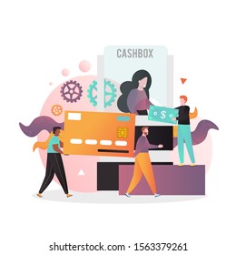 Micro male characters giving dollar banknote to bank cashier, carrying huge credit card to do payments, vector illustration. Bank cashbox composition for web banner, website page etc.