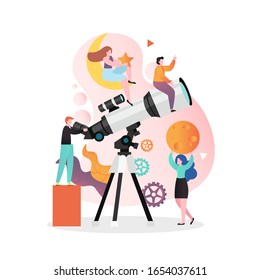 Micro male characters looking through huge telescope, sitting on it, female characters holding the moon and sitting on it, vector illustration. Astronomy science concept for web banner, website page.