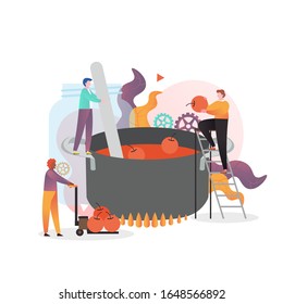 Micro male characters making apple fruit jam in huge pan, vector illustration. Apple picking season, jam production concept for web banner, website page etc.