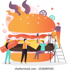 Micro male characters making huge delicious burger or bun with ground beef patty, cheese, ketchup, vector illustration. Fast food restaurant business composition for web banner, website page etc.