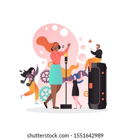 Micro male and female characters dancing and listening to song of girl singing with microphone, vector illustration. Restaurant singer, live music concert.