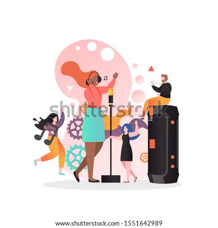 Micro male and female characters dancing and listening to song of girl singing with microphone, vector illustration. Restaurant singer, live music concert.