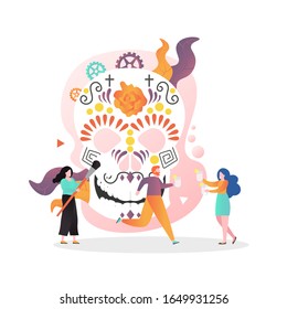 Micro male and female characters decorating huge mexican skull, vector illustration. Mexico culture, Day of the dead celebration concept for web banner, website page etc.