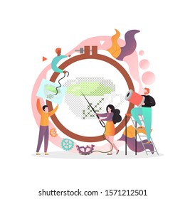 Micro male and female characters with huge embroidery tools and accessories pattern, hoop, needle, thread, vector illustration. Embroidery studio, lessons concept for web banner, website page etc.