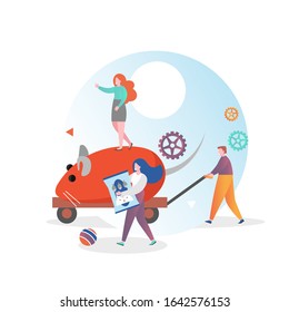 Micro male and female characters with huge mouse cat toy, food, vector illustration. Pet shop, kitten accessories and products, cat lovers concept for web banner, website page etc.