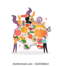 Micro male and female characters with summer fruits and vegetables, vector illustration. Vegetarian composition for vegan shop, restaurant menu, dieting program etc.