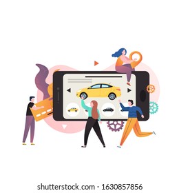 Micro male and female characters using huge smartphone for car rental and making payment online, vector illustration. Carsharing composition for web banner, website page etc.