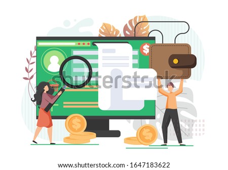 Micro male and female characters using huge desktop computer for online money transfer from bank account, vector flat style design illustration. Online banking concept for web banner, website page etc