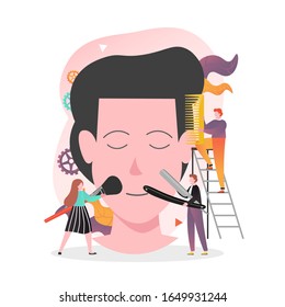 Micro male and female characters visagistes applying professional makeup on huge man face, vector illustration. Beauty salon services, makeup courses concept for web banner, website page etc.