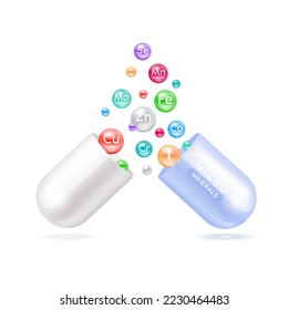 Micro minerals in capsule blue isolated on white background. Essential minerals vitamins for human body. Medical scientific concepts. Ad dietary supplement for pharmacy or clinic. 3D Vector EPS10.