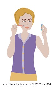 Micro needle mesotheraphy procedure.Young woman using a dermaroller on face holding a cosmetic serum.Cartoon style illustration of character.Skin rejuvanating treatment and aging prevention concept.